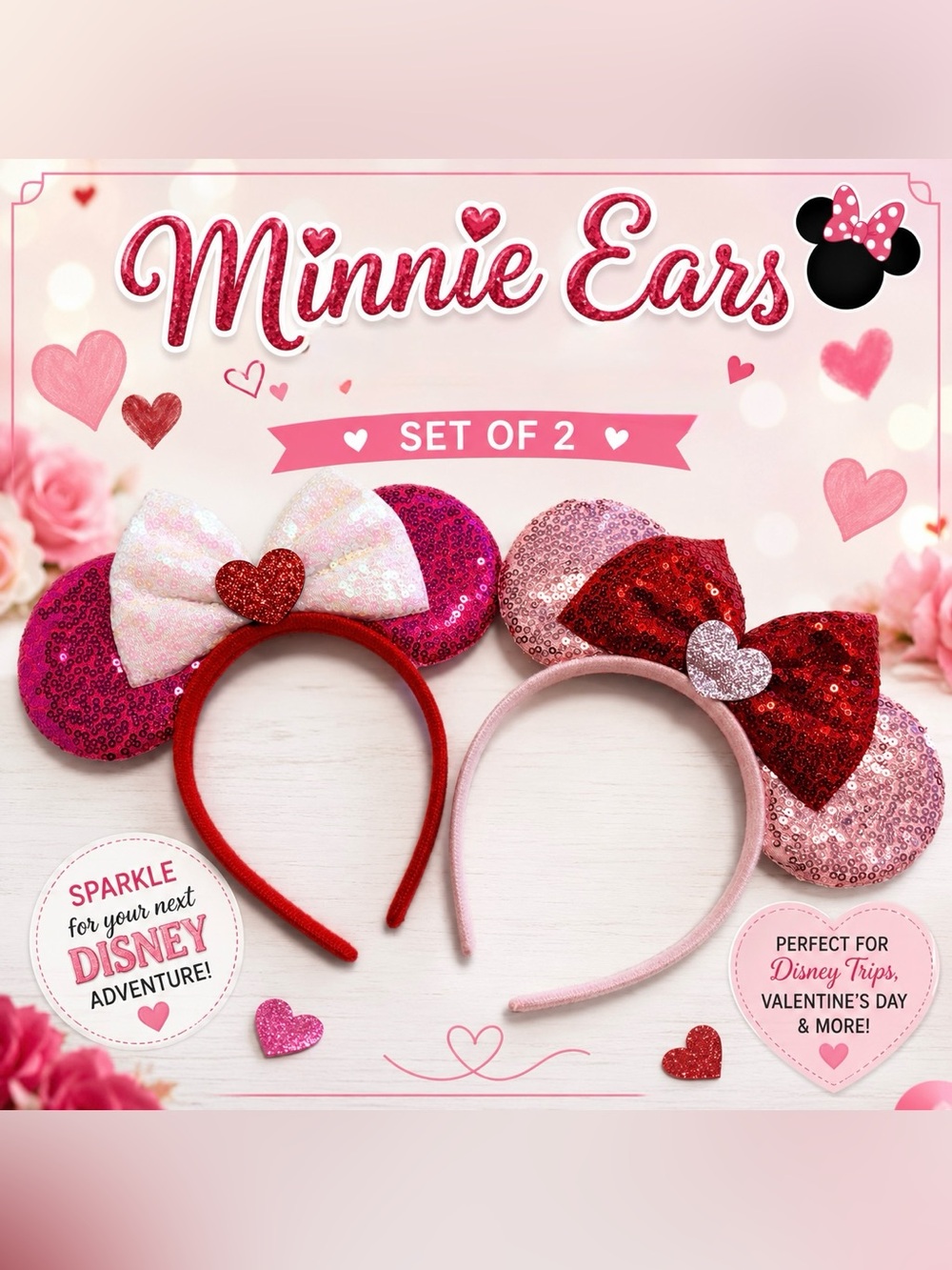 Minnie Mouse Ears Headbands | Pink & Red Sequin | Set of 2